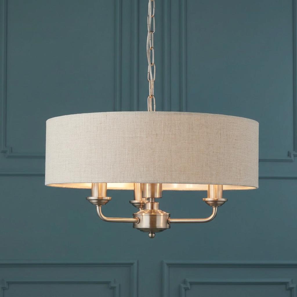 Lampadario Endon Highclere in Cromo Spazzolato con 3 Luci - Paralume in Lino Naturale