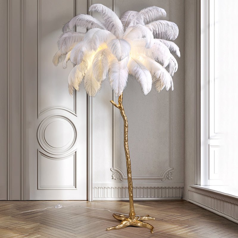 Lampada da terra in piume – Finitura dorata – Bianca – 160 cm – Presenza elegante per soggiorno e camera da letto