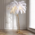 Lampada da terra in piume – Finitura dorata – Bianca – 160 cm – Presenza elegante per soggiorno e camera da letto
