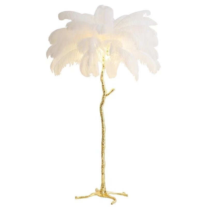 Lampada da terra in piume – Finitura dorata – Bianca – 160 cm – Presenza elegante per soggiorno e camera da letto