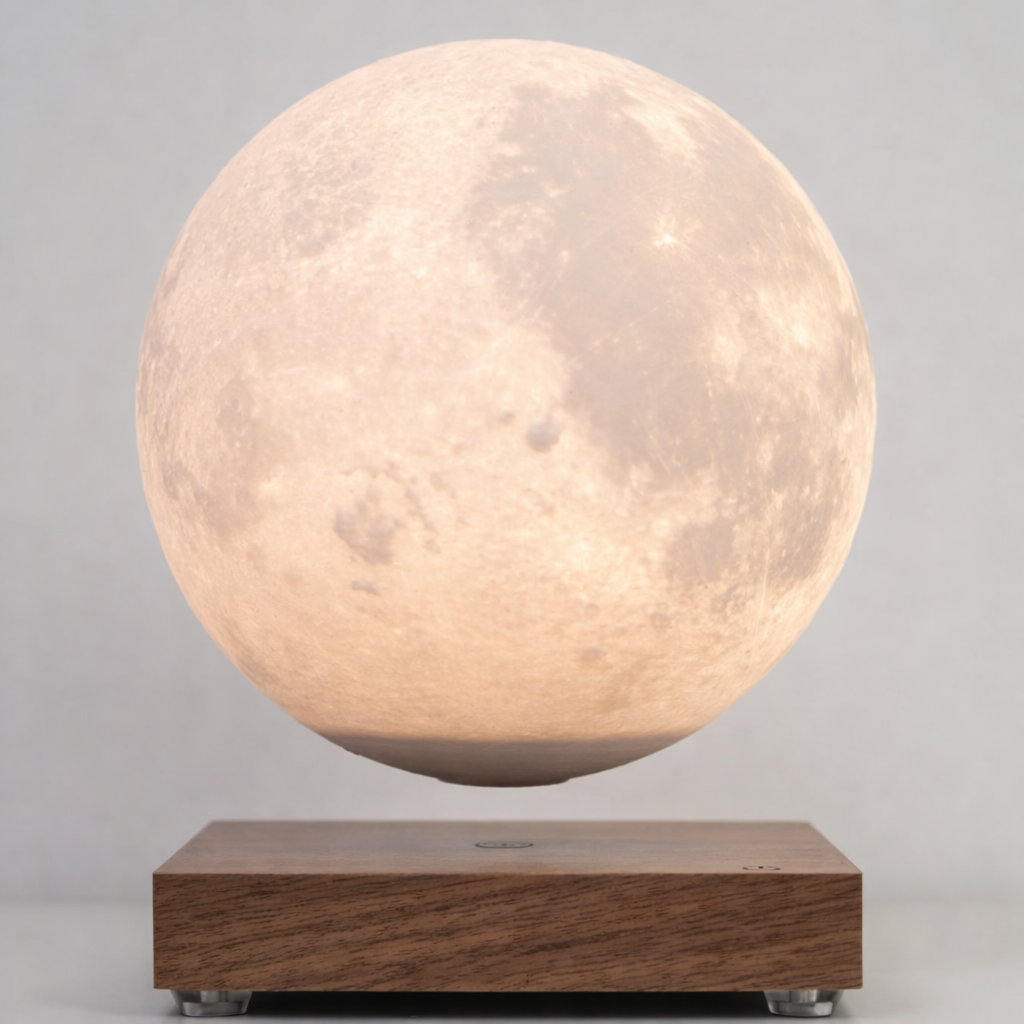 Luce a forma di luna flottante su base di legno