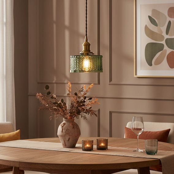 Lampada a Sospensione Circolare in Vetro Texture Ottone