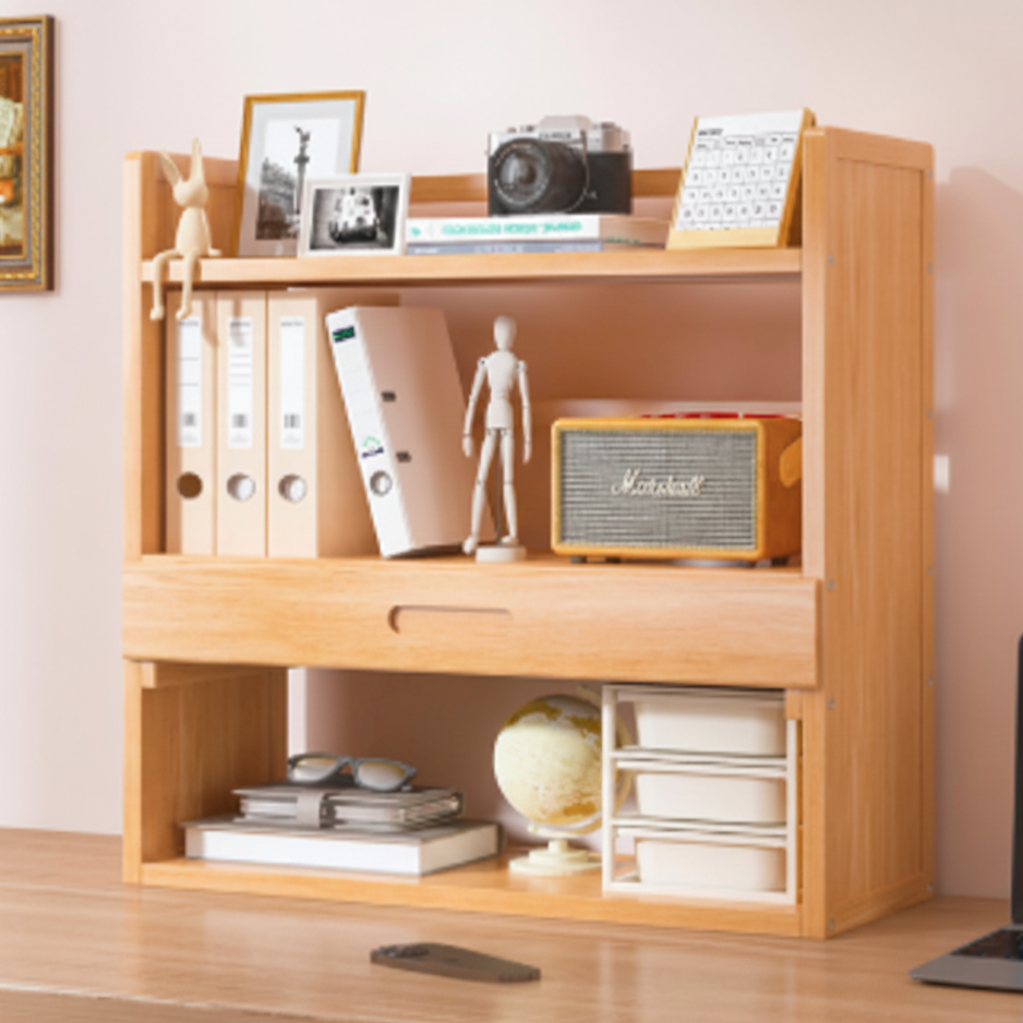 Libreria Contemporanea Scandinava Rettangolare in Bambù Nan in Fibra a Media Densità con 2/3 Ripiani e 1 Cassetto per Camera da Letto e Studio