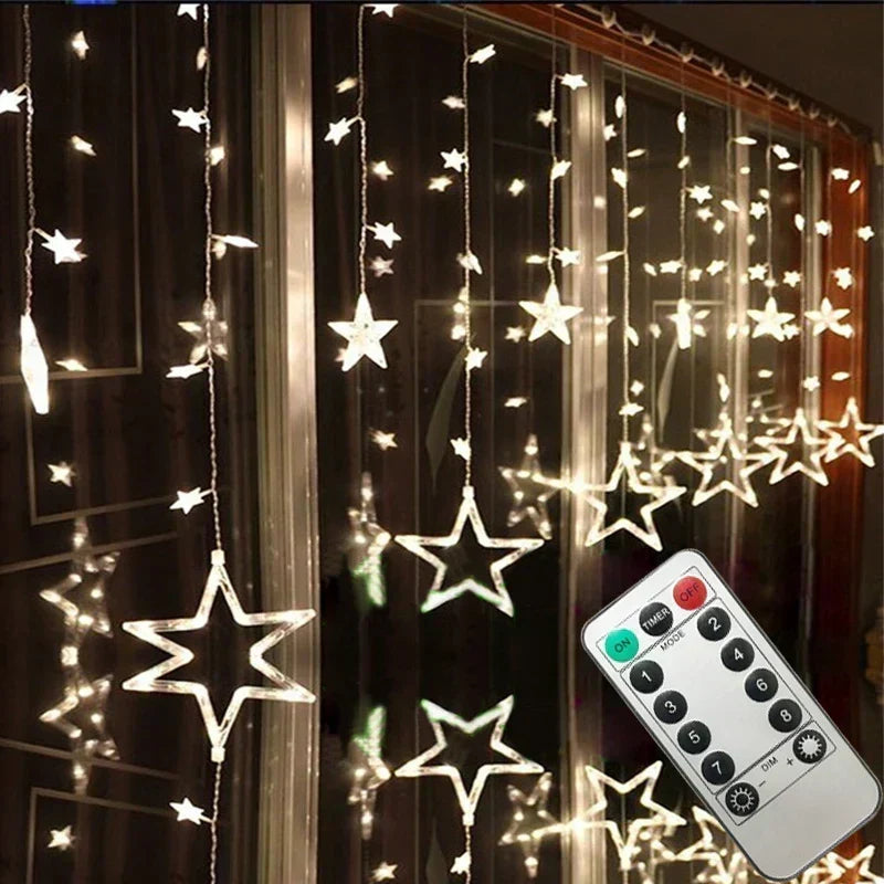 Illuminazione Natalizia a LED a Tenda con Stelle – Luce Bianca Calda