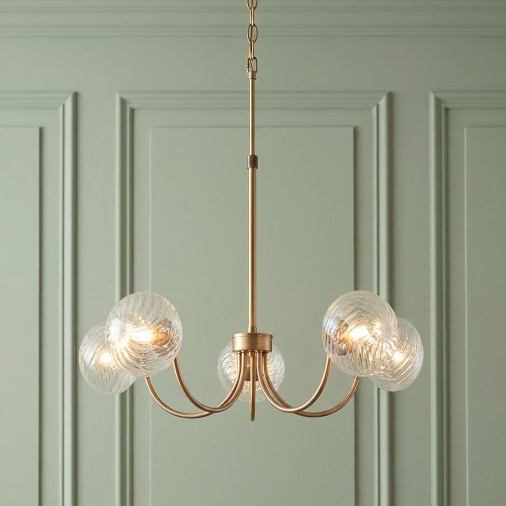 Lampadario in Ottone a 5 Luci Hague - Paralumi in Vetro