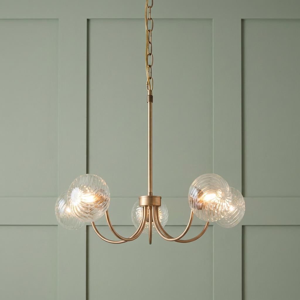 Lampadario in Ottone a 5 Luci Hague - Paralumi in Vetro