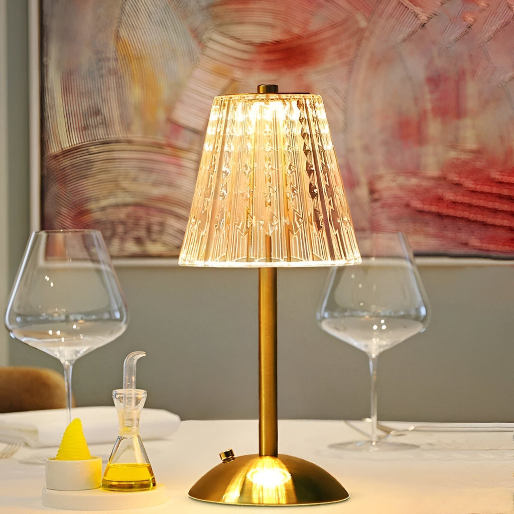 Lampada da Tavolo LED Senza Fili con Paralume Trasparente Testurizzato e Base in Metallo