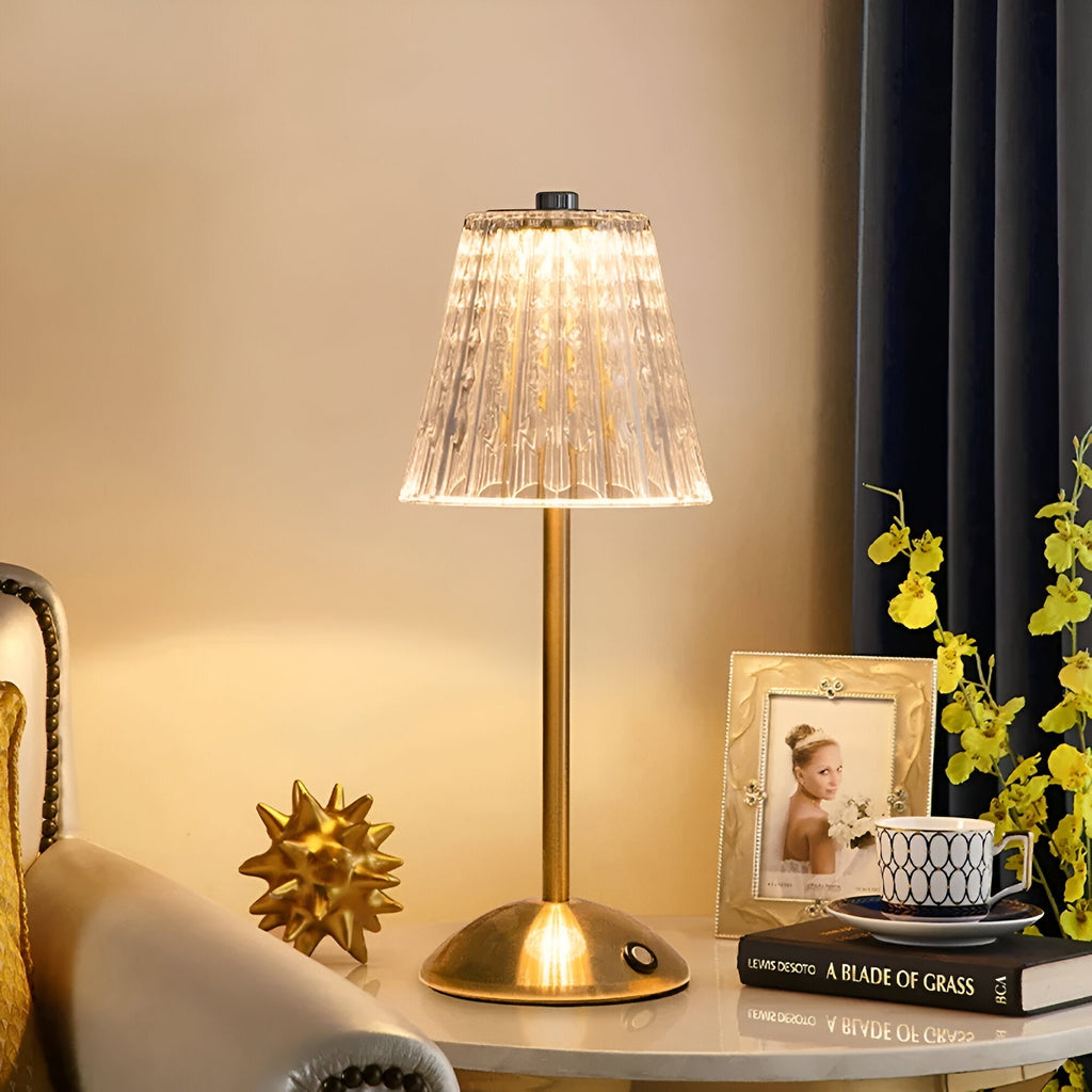 Lampada da Tavolo LED Senza Fili con Paralume Trasparente Testurizzato e Base in Metallo