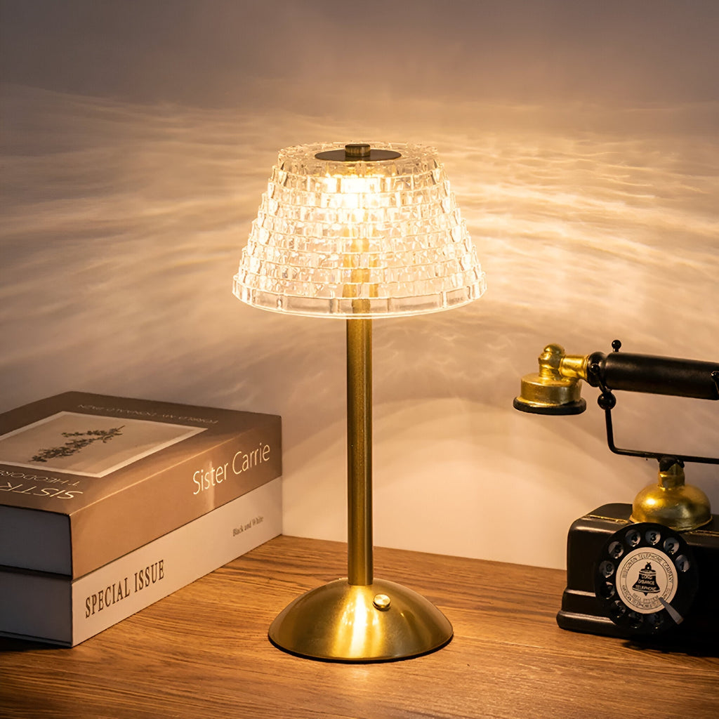 Lampada da Tavolo LED Senza Fili con Paralume Trasparente Testurizzato e Base in Metallo
