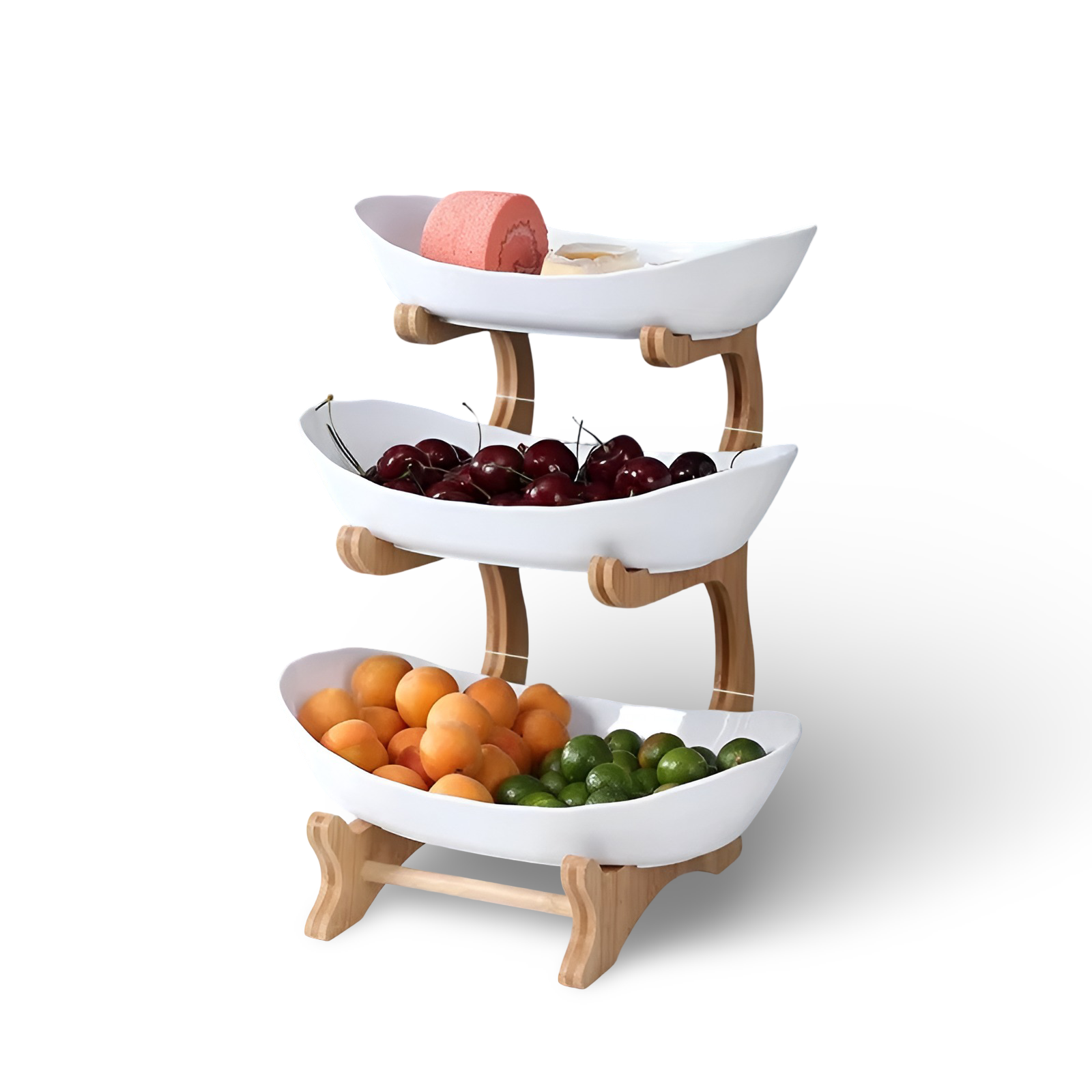 Porta Frutta Multi Livello con Supporto in Legno e Vassoi