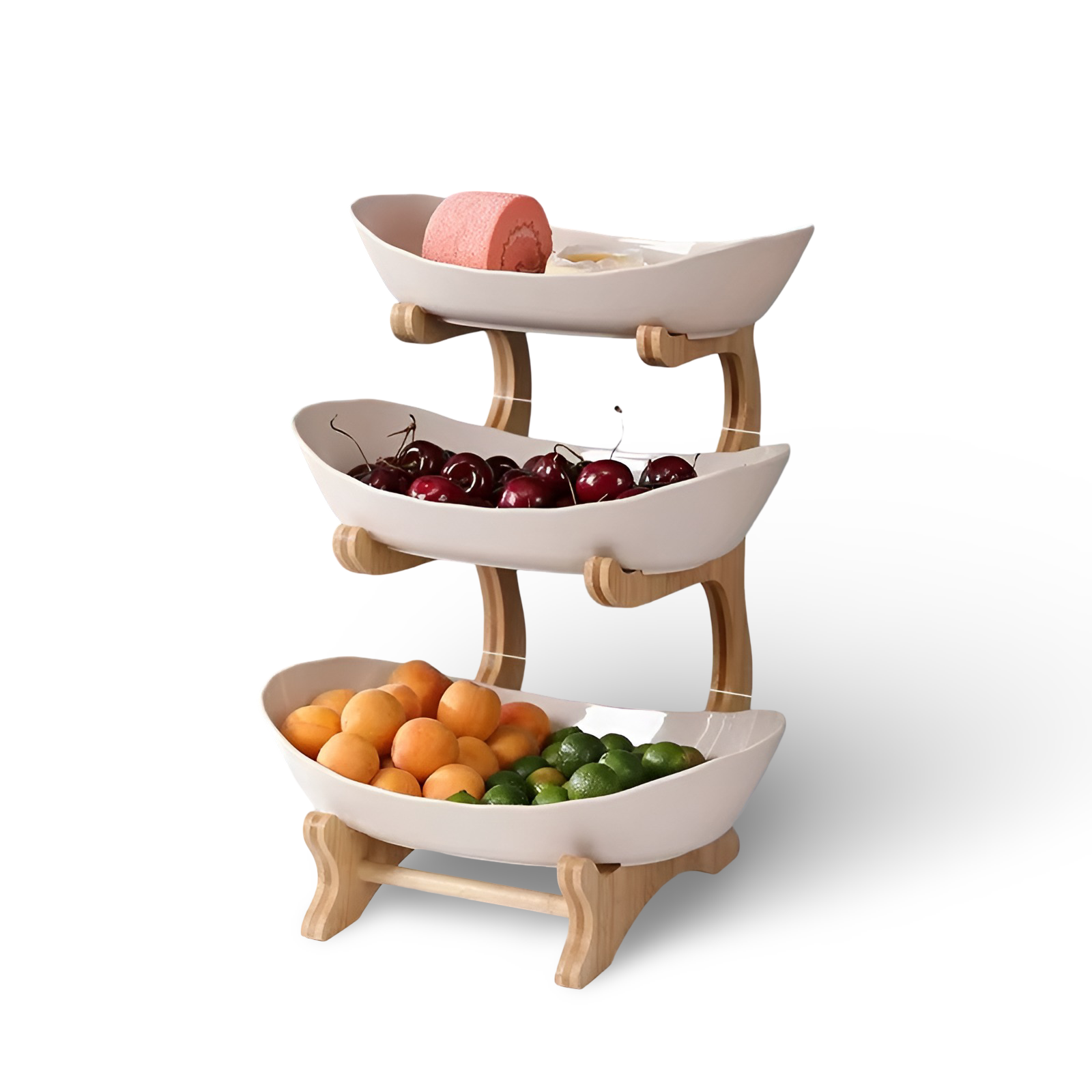 Porta Frutta Multi Livello con Supporto in Legno e Vassoi