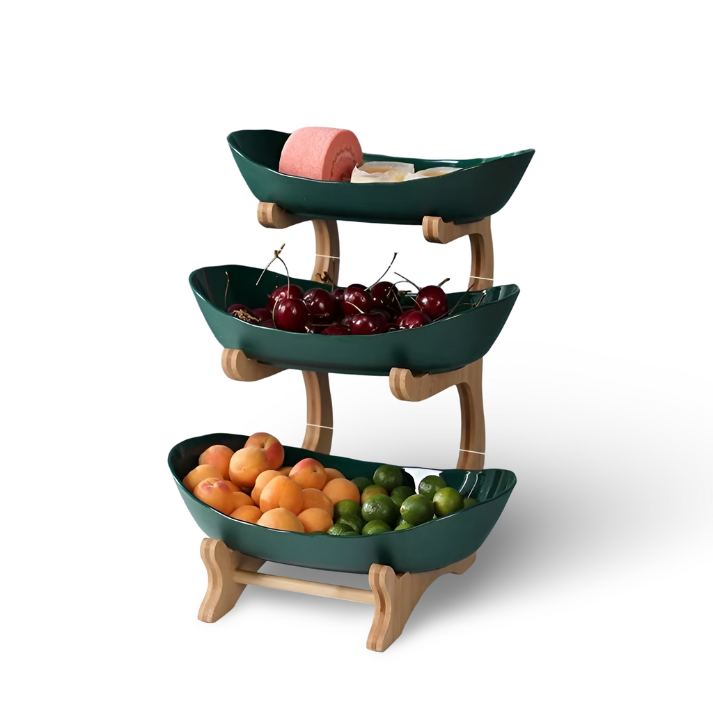 Porta Frutta Multi Livello con Supporto in Legno e Vassoi