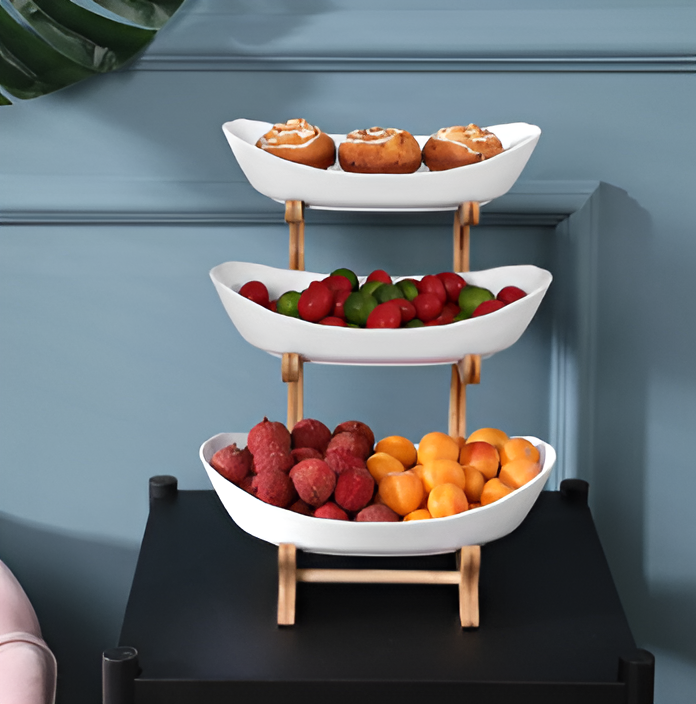 Porta Frutta Multi Livello con Supporto in Legno e Vassoi