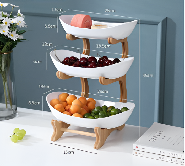Porta Frutta Multi Livello con Supporto in Legno e Vassoi