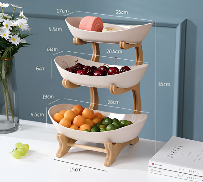 Porta Frutta Multi Livello con Supporto in Legno e Vassoi