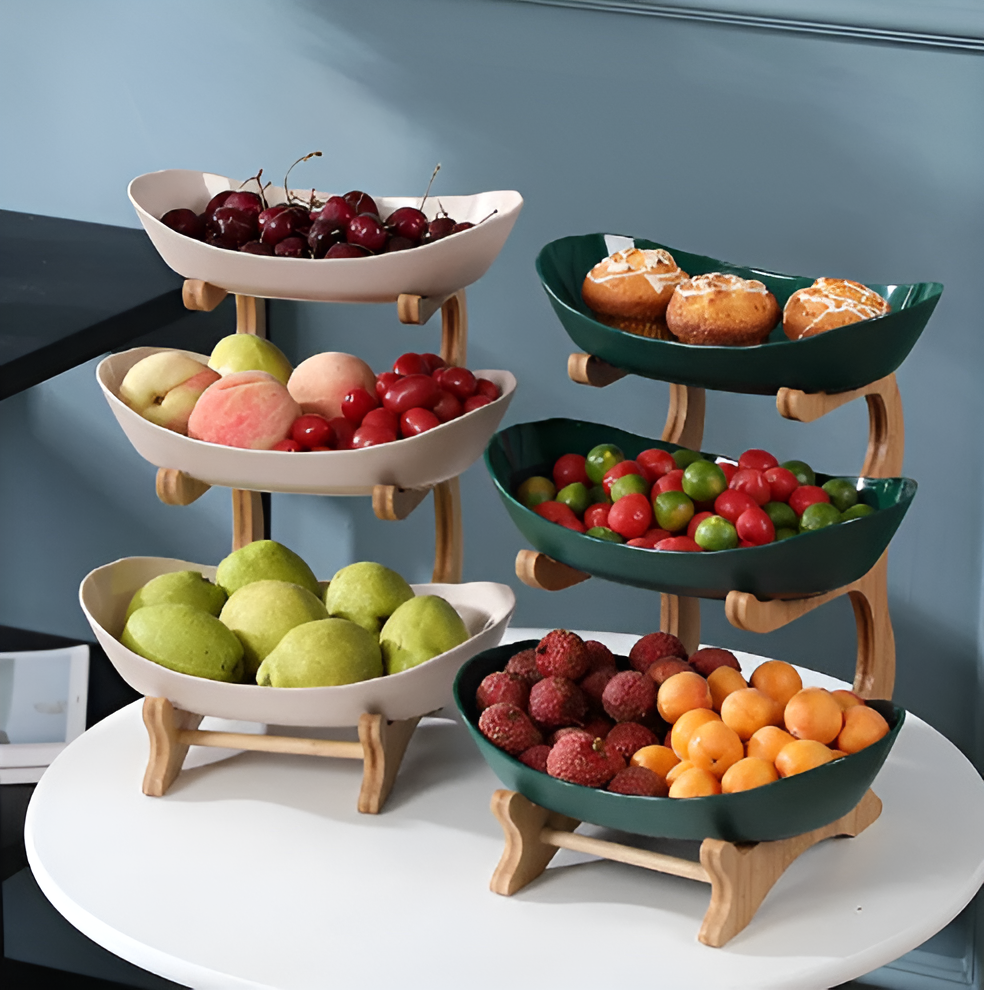 Porta Frutta Multi Livello con Supporto in Legno e Vassoi