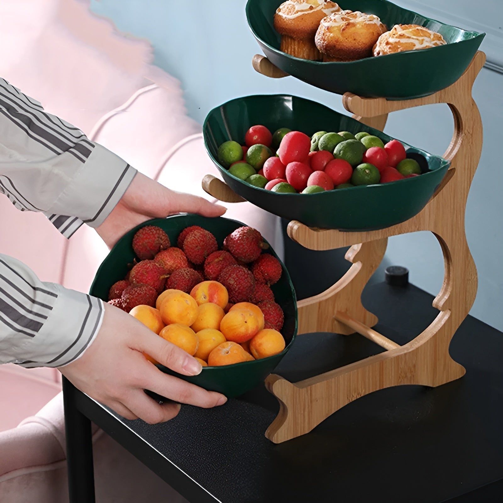 Porta Frutta Multi Livello con Supporto in Legno e Vassoi