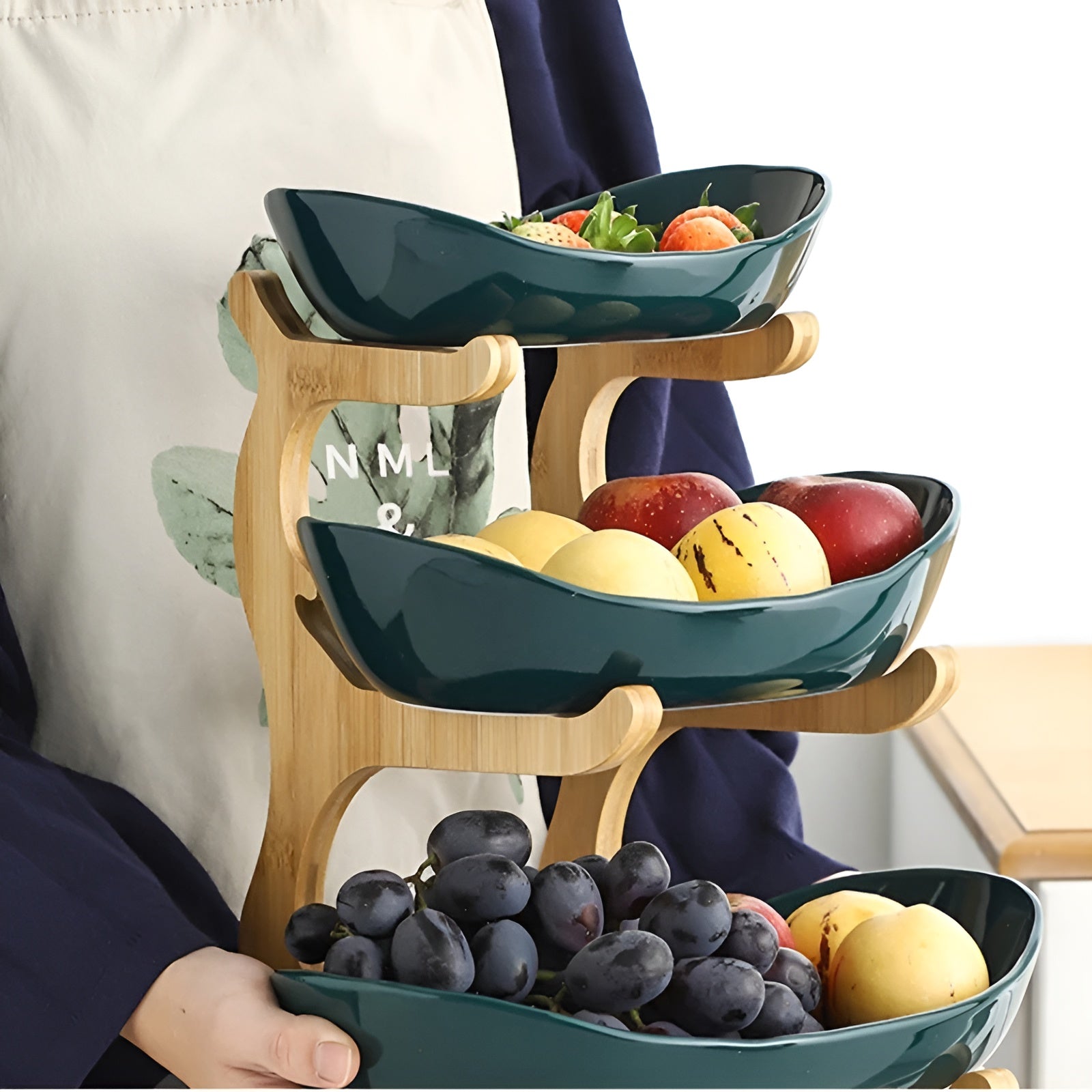 Porta Frutta Multi Livello con Supporto in Legno e Vassoi