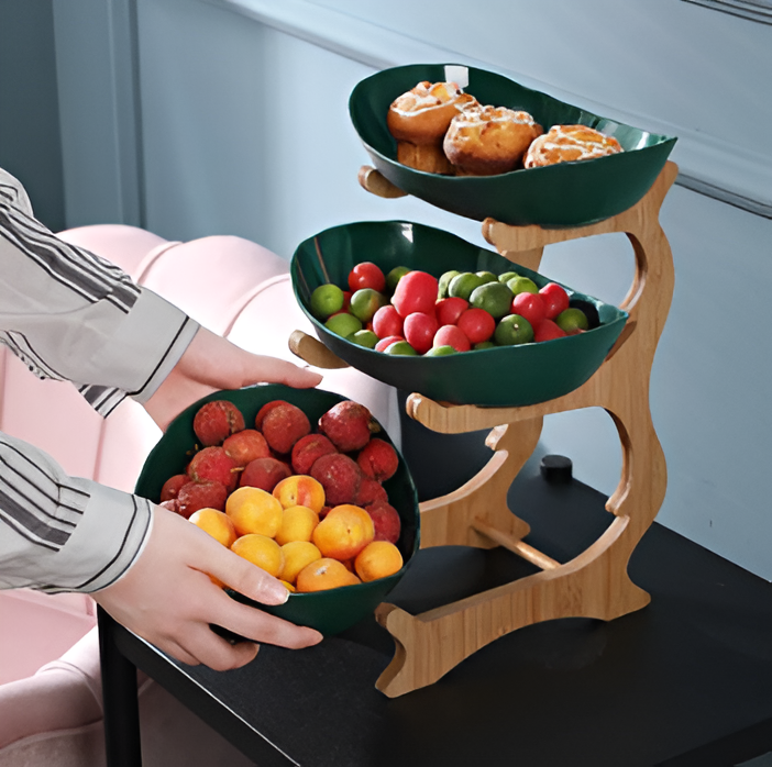 Porta Frutta Multi Livello con Supporto in Legno e Vassoi