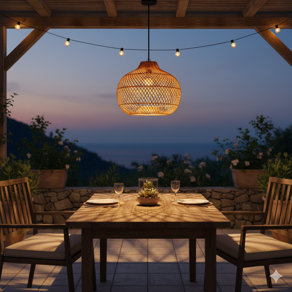 Lampada a Sospensione in Rattan Intrecciato Retro