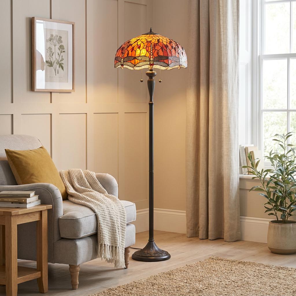 Lampada da terra Tiffany Flame Dragonfly di Interiors 1900