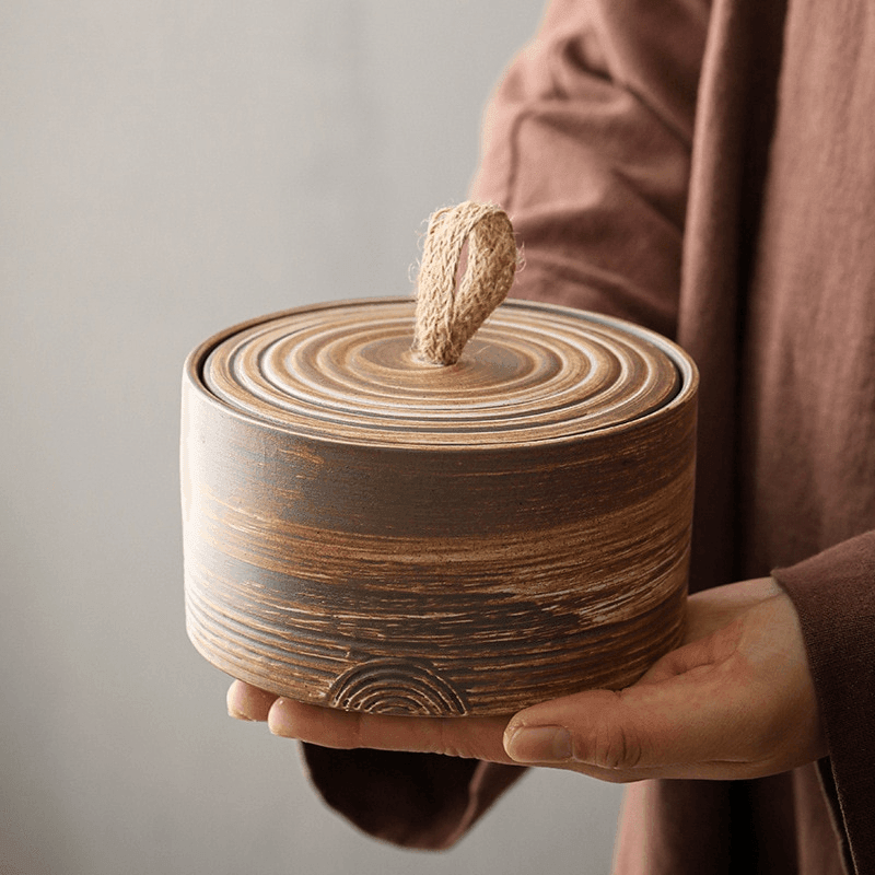 Vaso di Stoccaggio Artigianale Giapponese Wabi-Sabi con Corda di Canapa