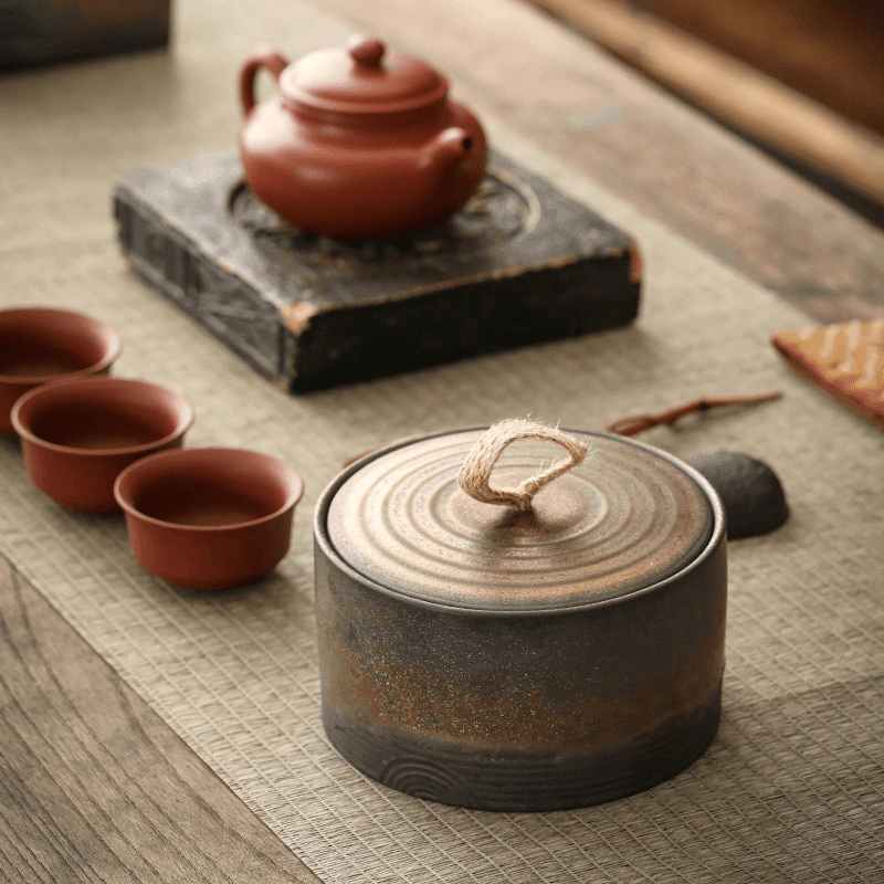 Vaso di Stoccaggio Artigianale Giapponese Wabi-Sabi con Corda di Canapa
