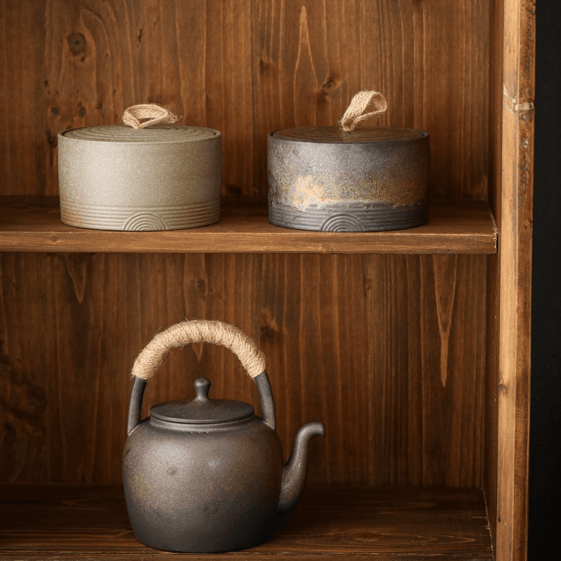 Vaso di Stoccaggio Artigianale Giapponese Wabi-Sabi con Corda di Canapa