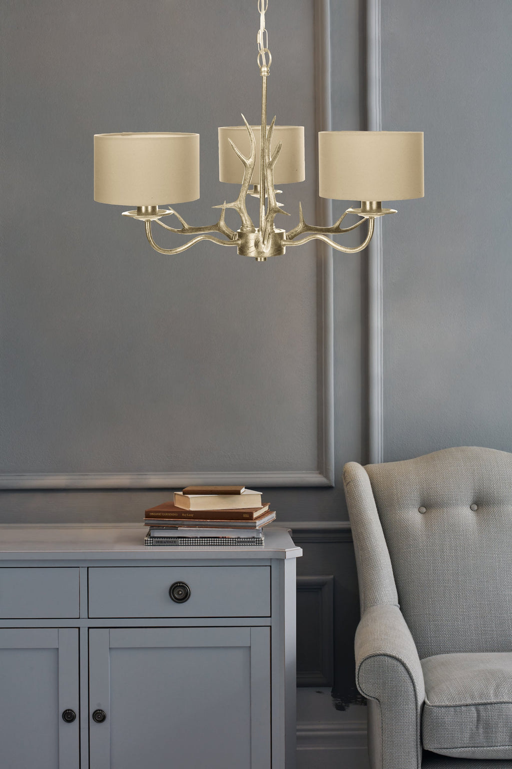 Lampadario a 3 luci Laura Ashley Mulroy Antler Champagne con Paralumi