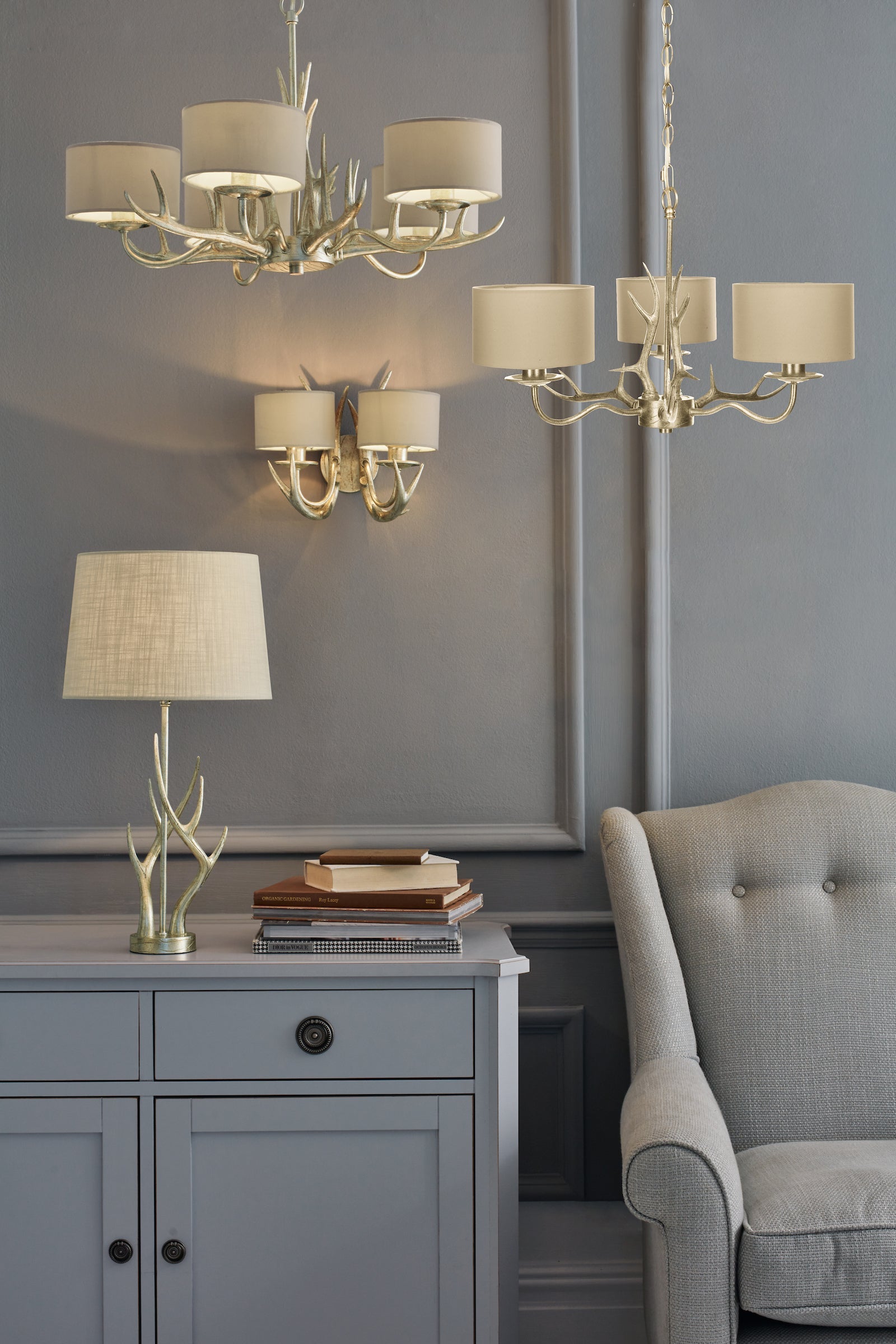 Laura Ashley Mulroy Antler 5 Luci Lampadario Champagne con Paralumi