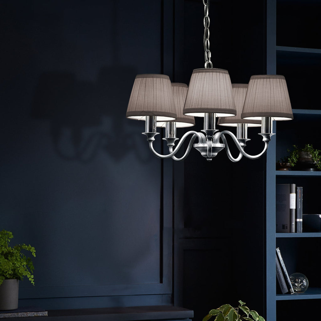 Laura Ashley Ellis Lampadario a 5 Luci Cromo Lucido con Paralumi Grigi