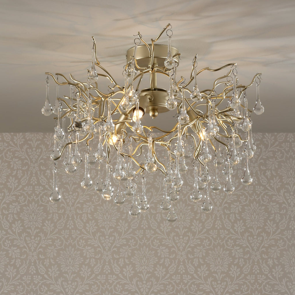 Laura Ashley Willow 3 Luci Semi Flush Satin Champagne con Gocce di Cristallo