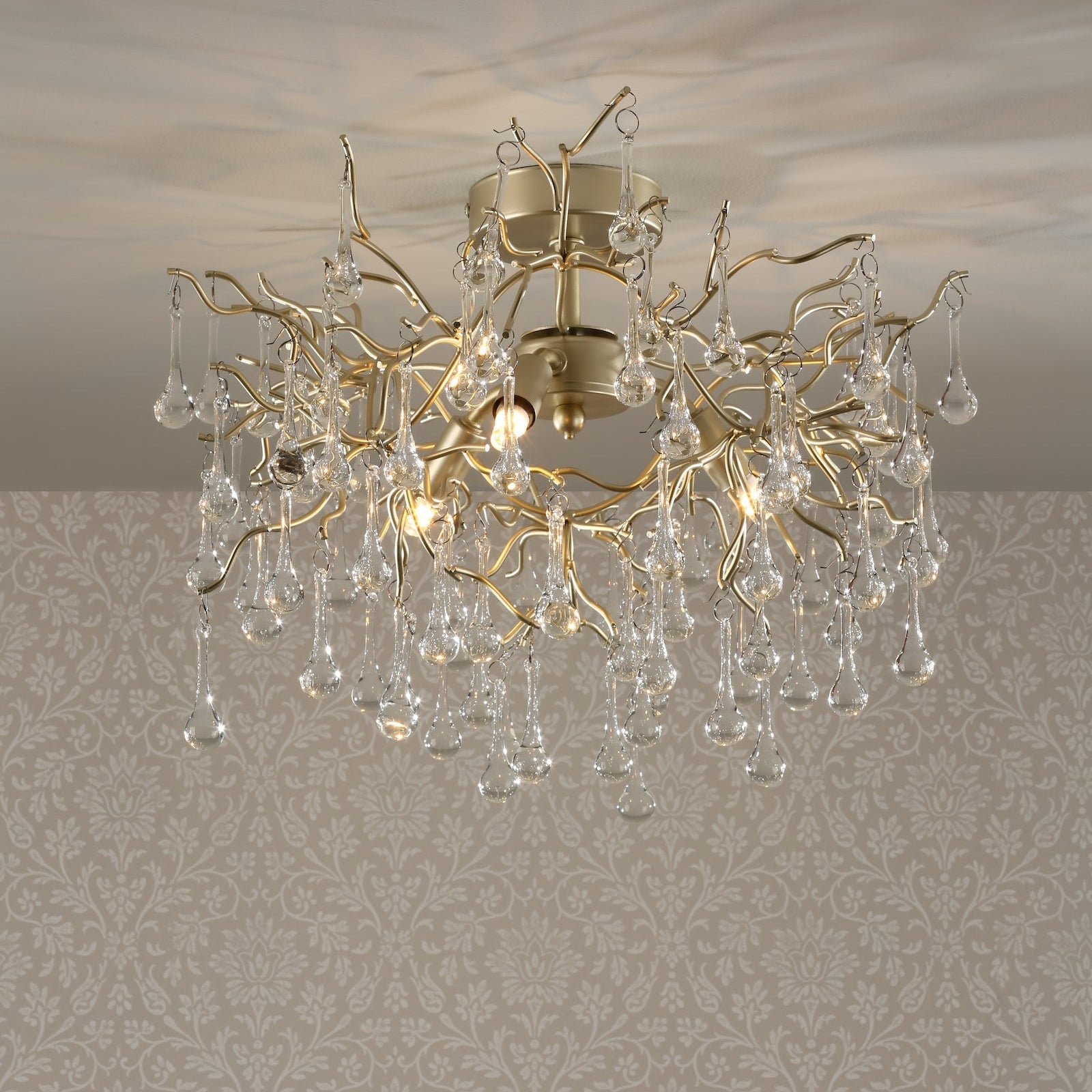 Laura Ashley Willow 3 Luci Semi Flush Satin Champagne con Gocce di Cristallo