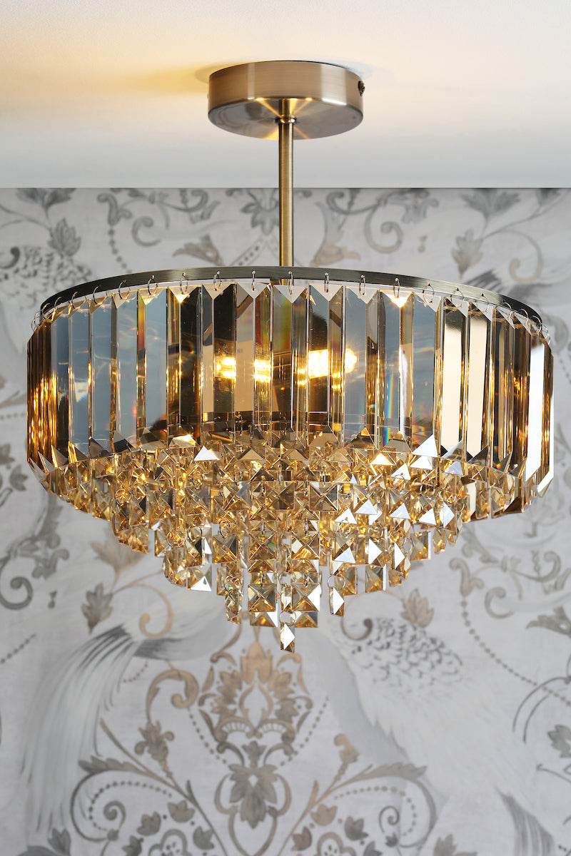 Laura Ashley Vienna Lampada da Soffitto Semi-Flush a 3 Luci Cristallo Champagne e Ottone Antico