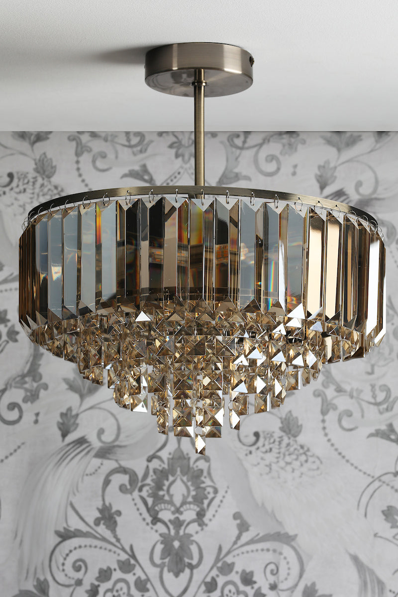 Laura Ashley Vienna Lampada da Soffitto Semi-Flush a 3 Luci Cristallo Champagne e Ottone Antico