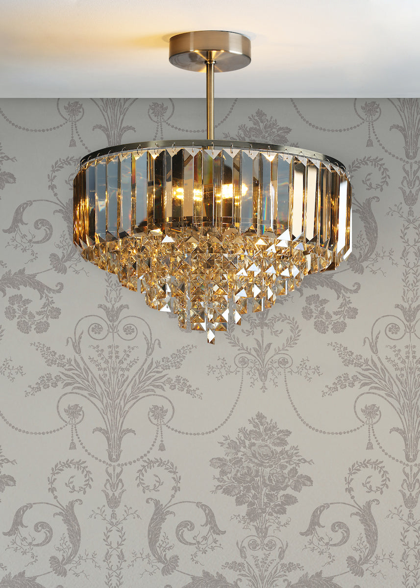 Laura Ashley Vienna Lampada da Soffitto Semi-Flush a 3 Luci Cristallo Champagne e Ottone Antico