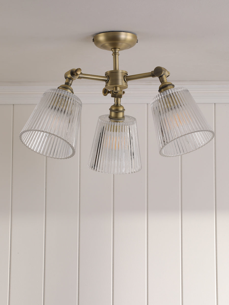 Laura Ashley Callaghan 3 Luci Semi-Flush Ottone Antico Matt e Vetro Rigato