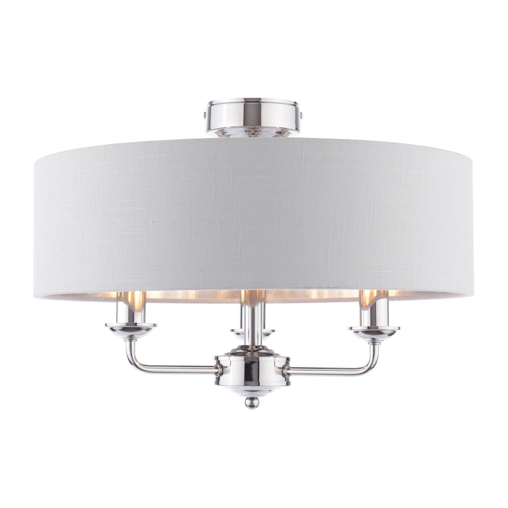 Lampada da soffitto semi-flush Laura Ashley Sorrento a 3 luci in nichel lucido con paralume argento