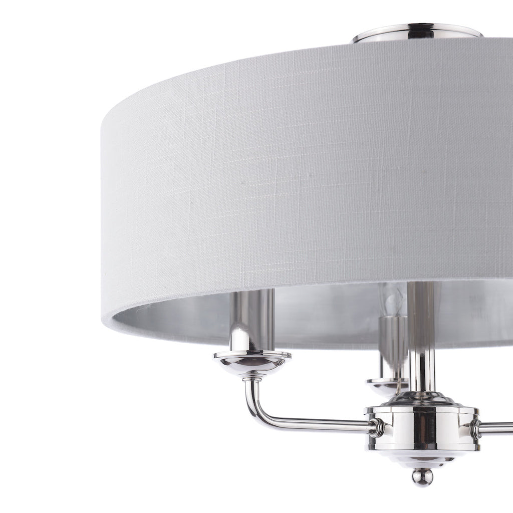 Lampada da soffitto semi-flush Laura Ashley Sorrento a 3 luci in nichel lucido con paralume argento