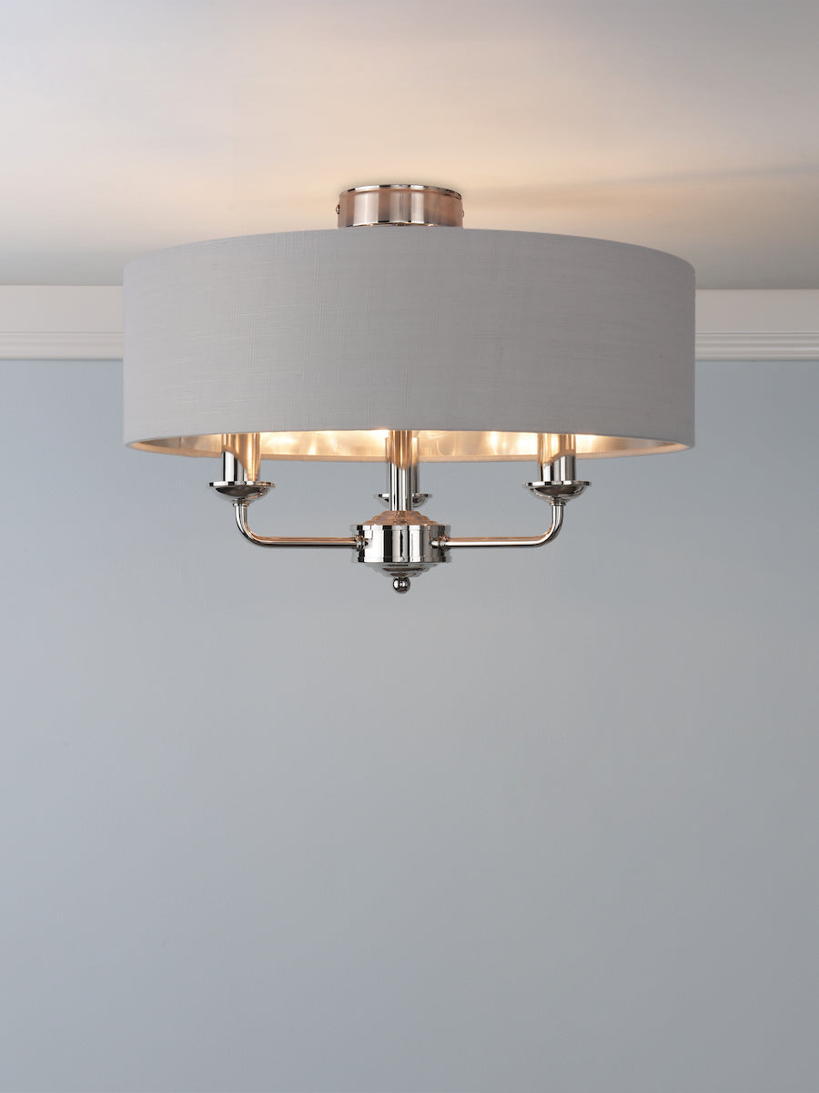 Lampada da soffitto semi-flush Laura Ashley Sorrento a 3 luci in nichel lucido con paralume argento