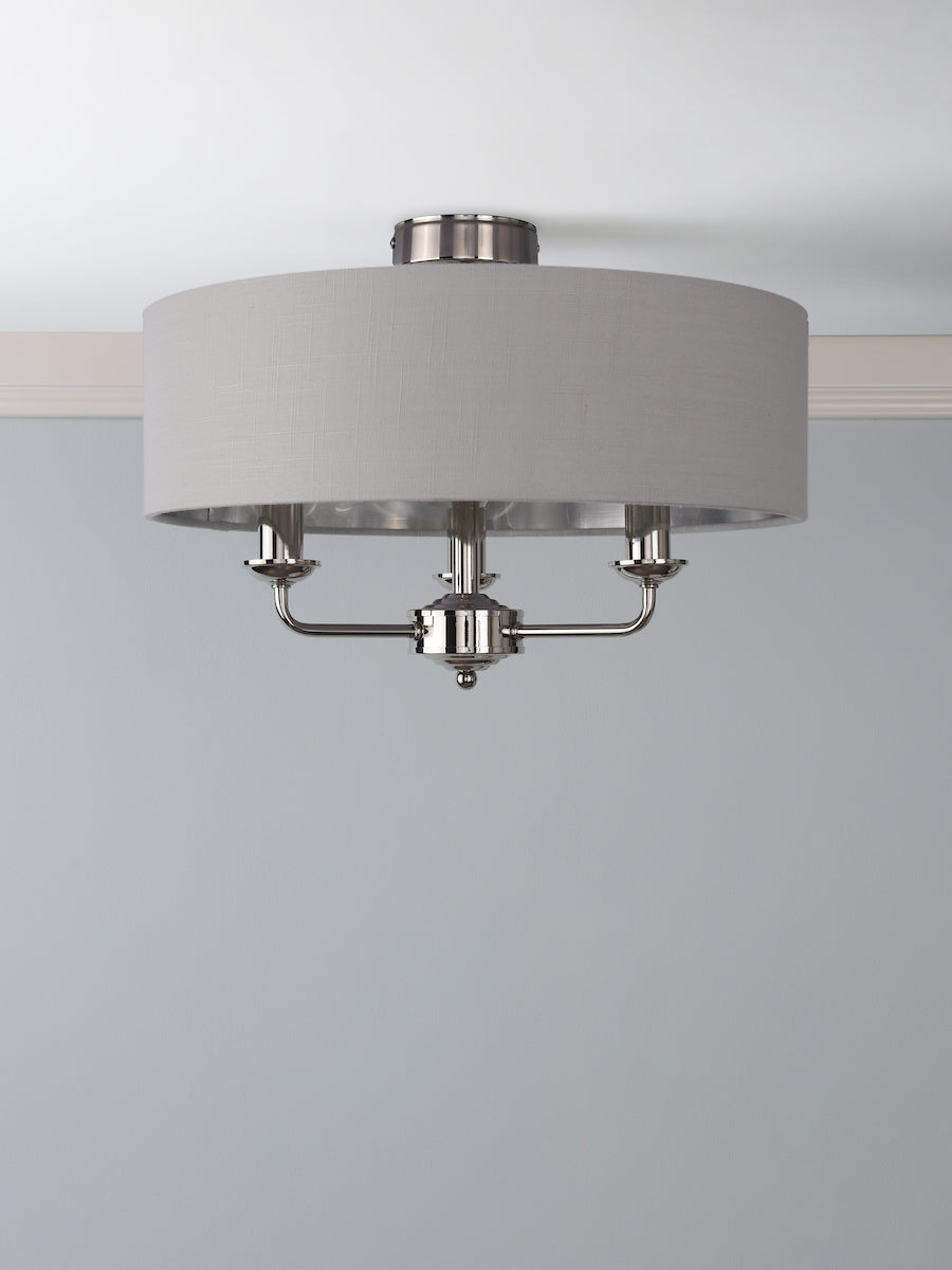 Lampada da soffitto semi-flush Laura Ashley Sorrento a 3 luci in nichel lucido con paralume argento