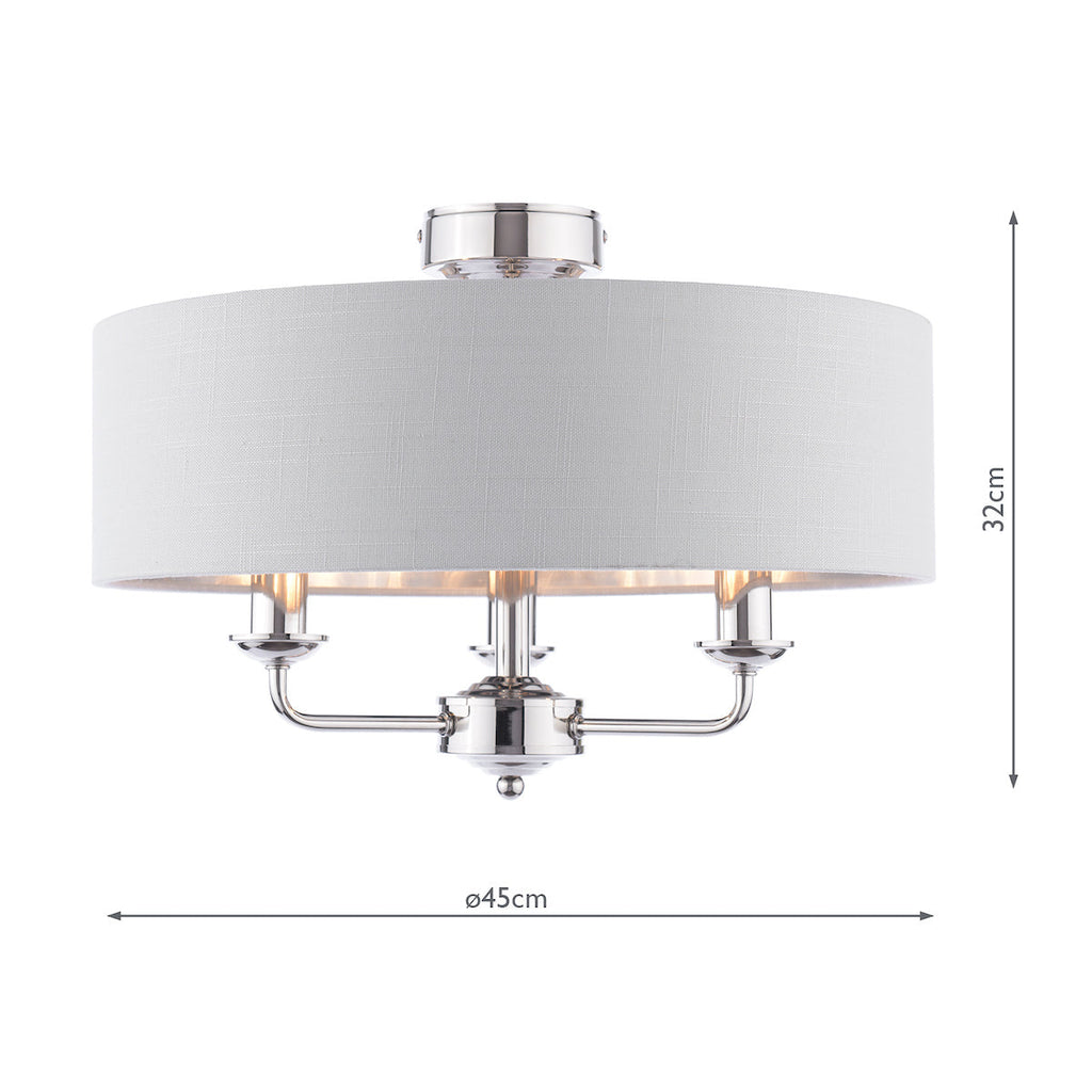 Lampada da soffitto semi-flush Laura Ashley Sorrento a 3 luci in nichel lucido con paralume argento