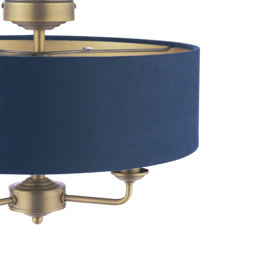 Laura Ashley Sorrento 3 Luci Semi-Flush Ottone Anticato Matt Con Paralume Blu