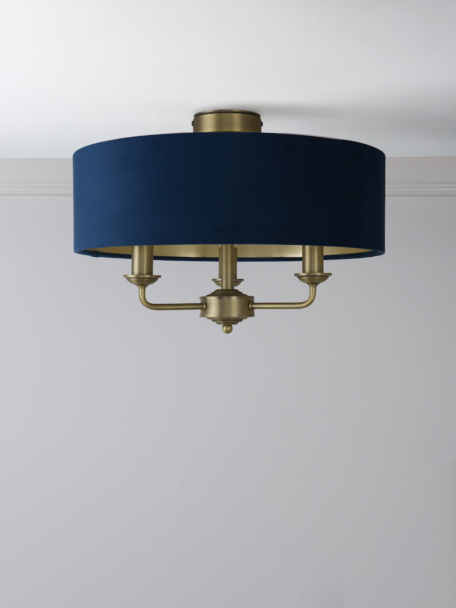 Laura Ashley Sorrento 3 Luci Semi-Flush Ottone Anticato Matt Con Paralume Blu