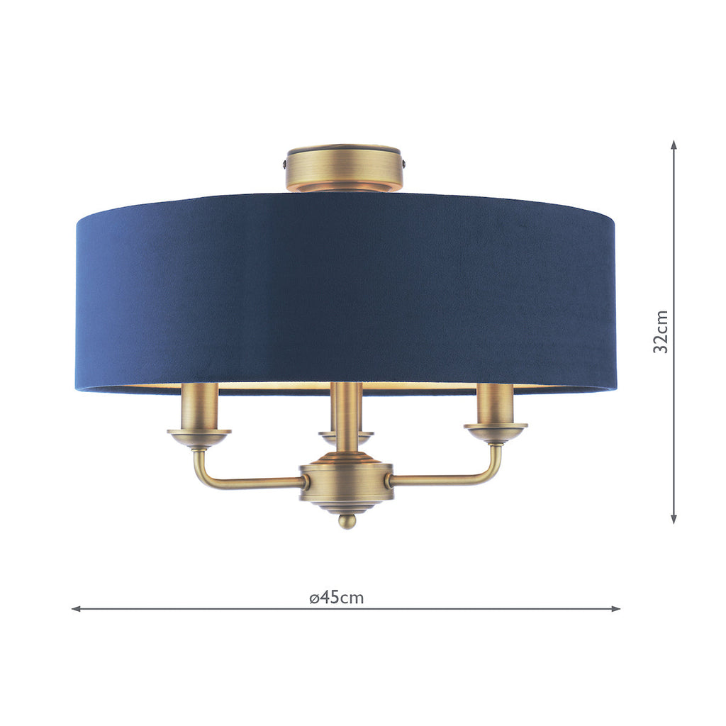 Laura Ashley Sorrento 3 Luci Semi-Flush Ottone Anticato Matt Con Paralume Blu