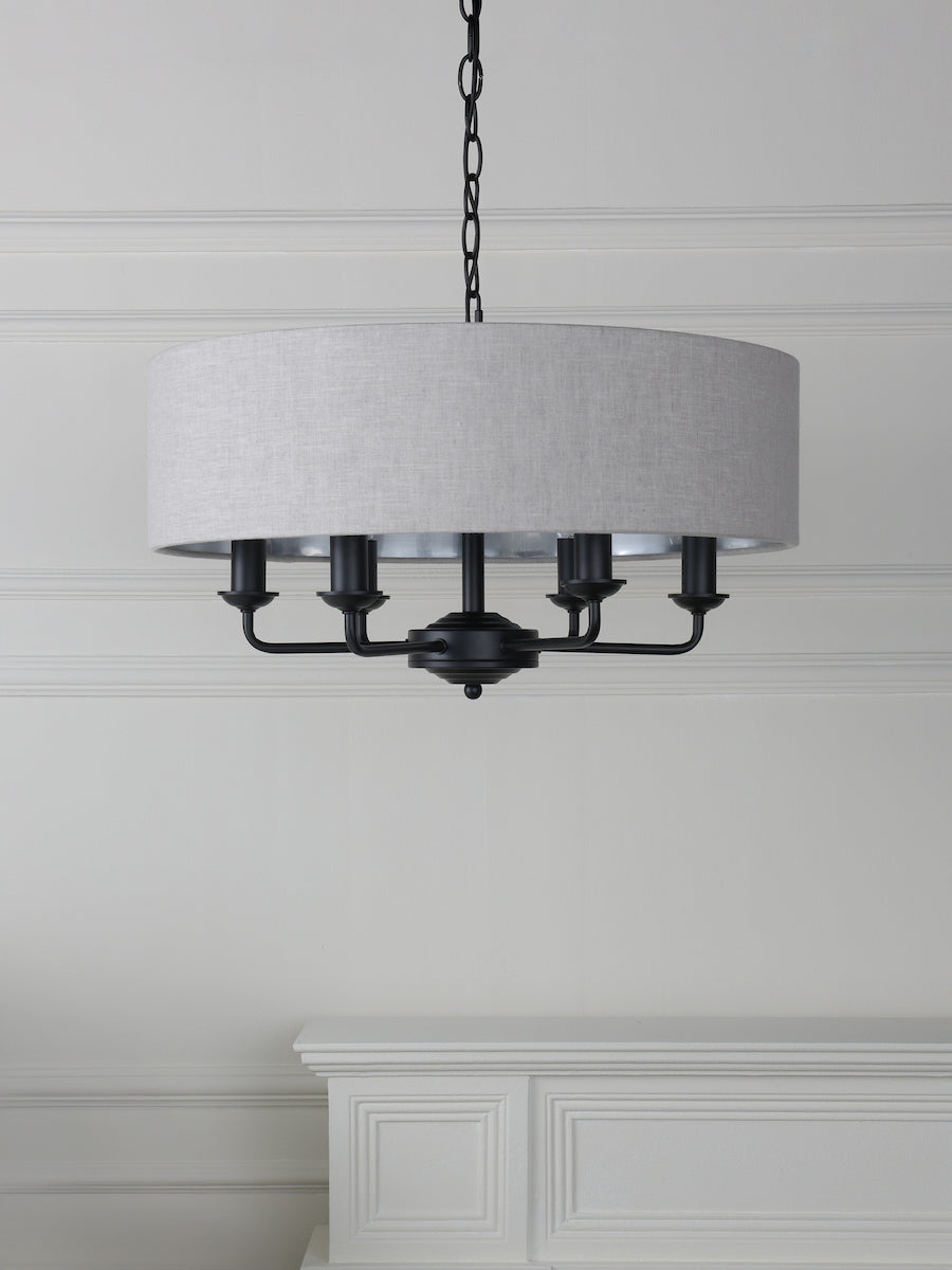 Laura Ashley Sorrento Lampadario a 6 Luci Nero Opaco con Paralumi Naturali