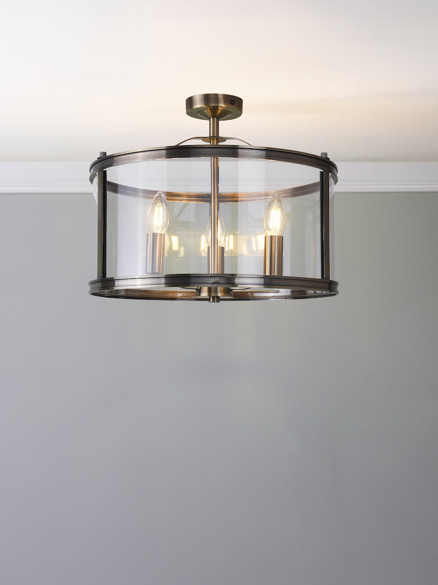 Laura Ashley Harrington 3 Luci Semi-Flush Ottone Antico e Vetro