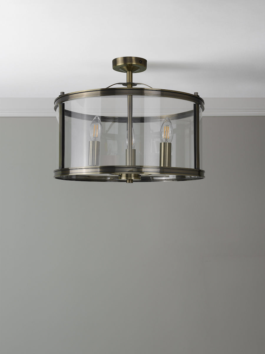 Laura Ashley Harrington 3 Luci Semi-Flush Ottone Antico e Vetro