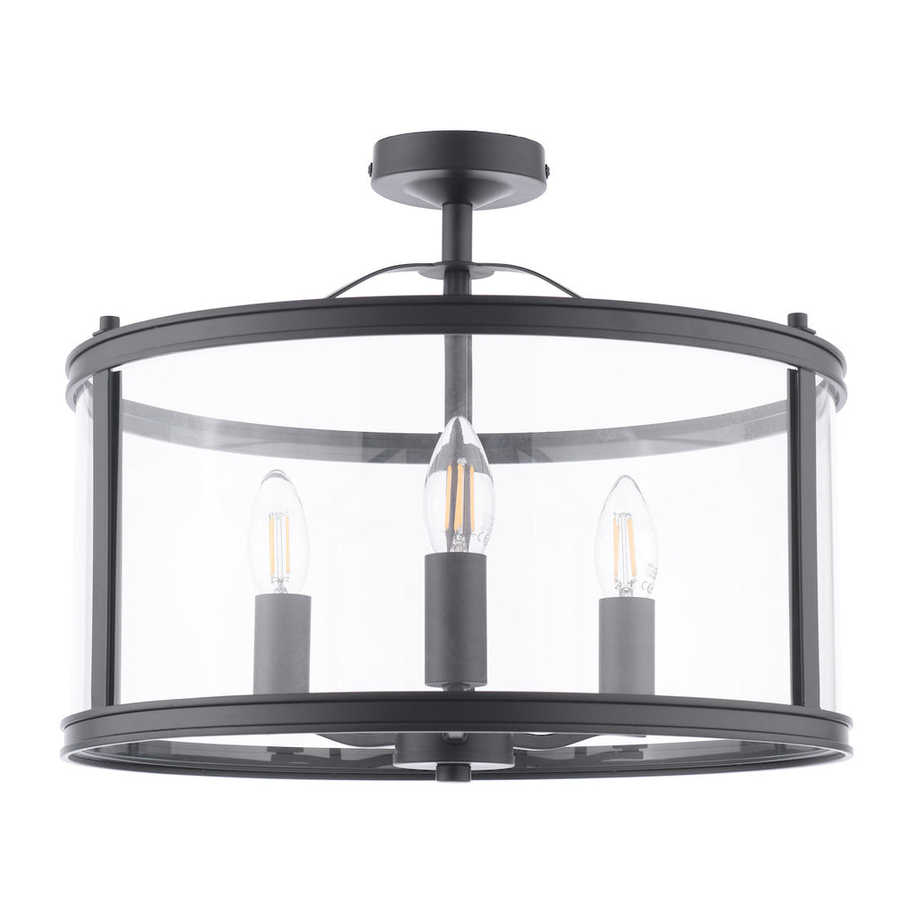 Laura Ashley Harrington 3 Luci Semi-Flush Nero Opaco e Vetro