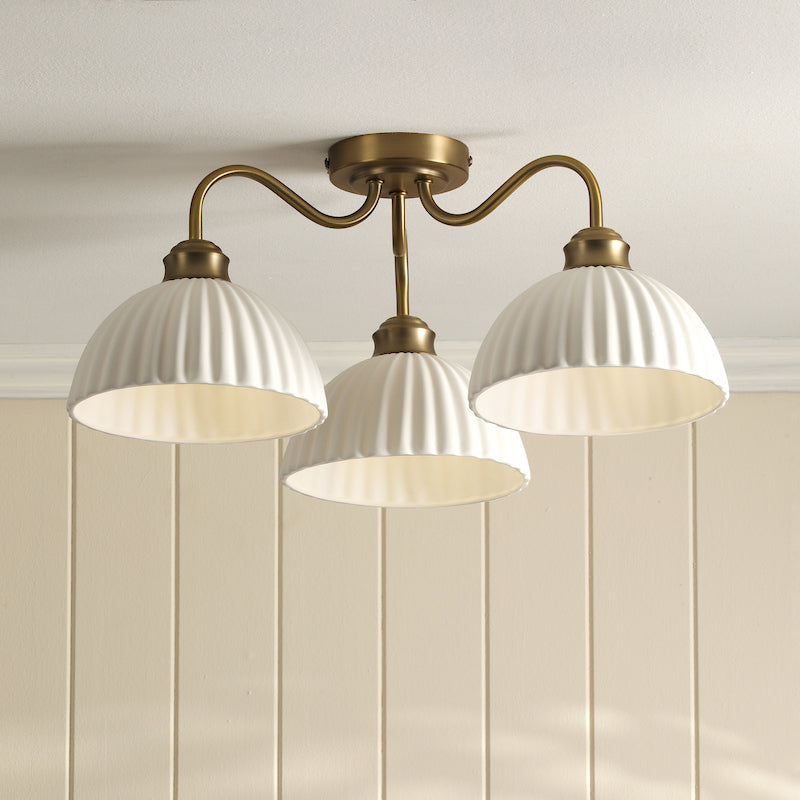 Laura Ashley Durford 3 Luci Semi-Flush Ottone Anticato Matt e Ceramica Bianca